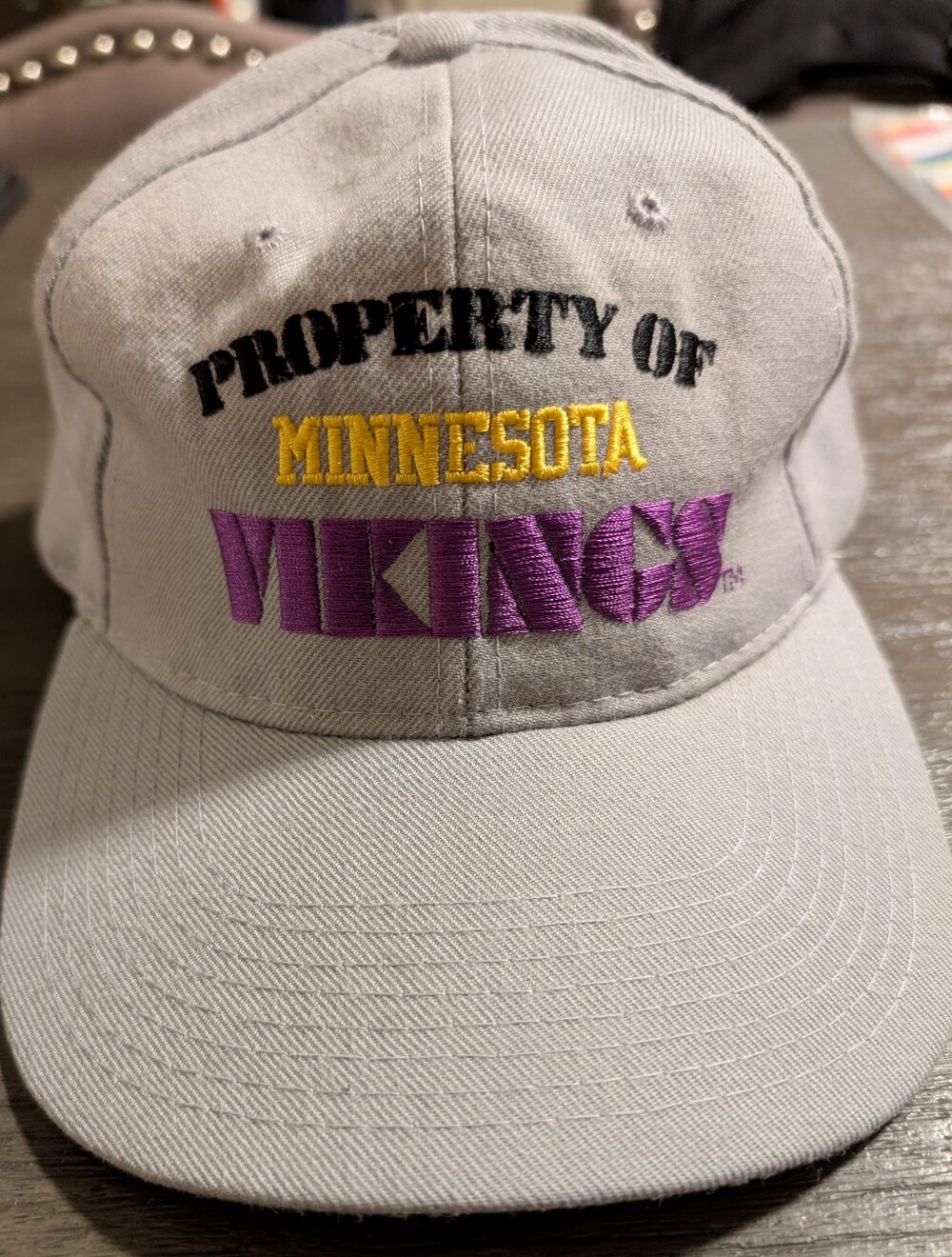 Property of Minnesota Vikings 1980s Embroidered Gray Snapback Cap